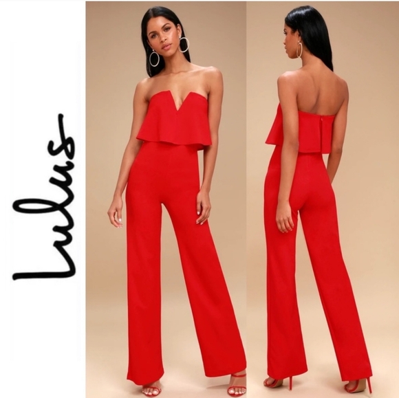Lulus Pants - Lulu's Power of Love Red Strapless Jumpsuit Fitted Flared Leg NWT MED